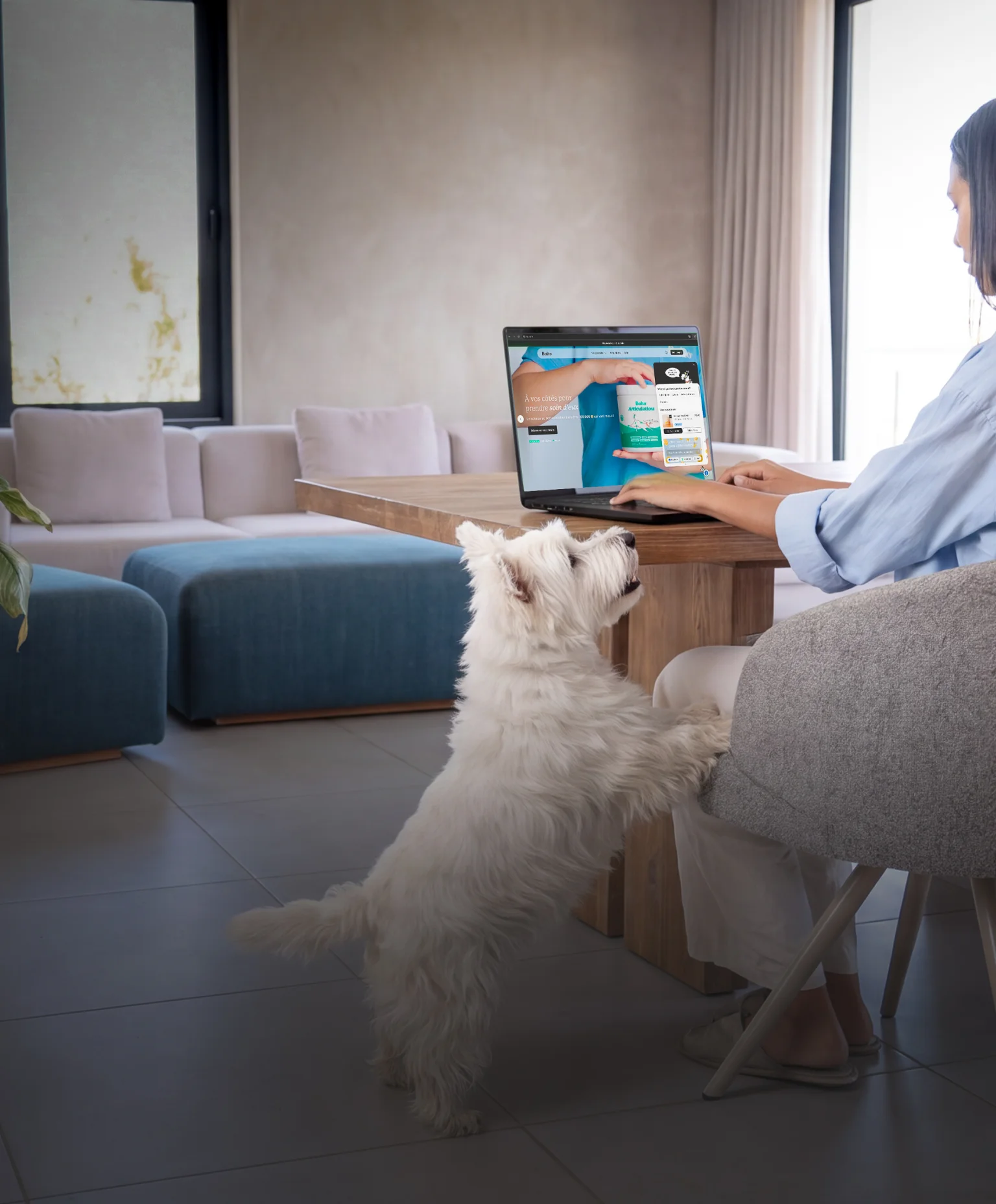 Une cliente Balto consulte le site sur son ordinateur portable, son chien à ses côtés